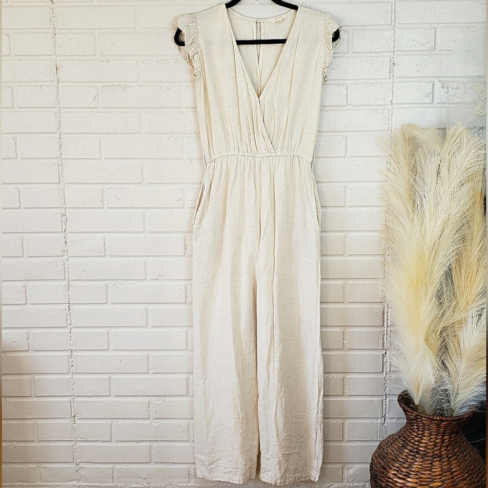 Sim & Sam Linen Cotton Blend Ruffle Sleeve Jumpsuit size Medium Cream